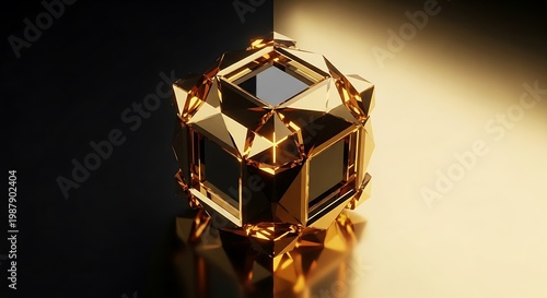 Futuristic golden geometric cube with intricate mechanical details, luxury metallic abstract object, high-tech jewelry design on dark background