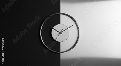 Minimalist wall clock on split black and white background, modern analog timepiece with sleek hands, monochrome interior decor concept