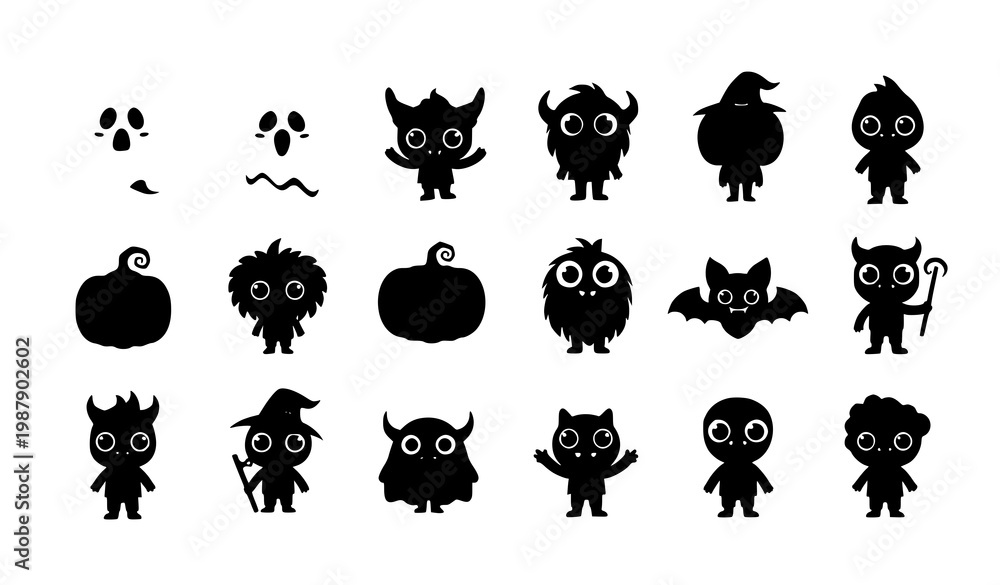 Obraz premium Cute Halloween monster character icon set flat color childish spooky creatures vector isolated on white background