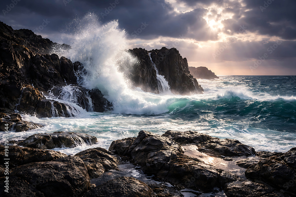 Fototapeta premium Powerful ocean wave crashing against rocky coast dramatic seascape and stormy nature landscape