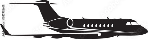 Black airplane, private jet, aircraft silhouette, vector plane, travel icon
