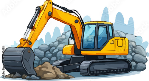 Excavator Working on Rocks Heavy Construction Machine Vector