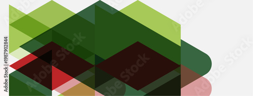 Abstract geometric shapes overlap. Green, red, brown hues dominate composition. Minimalist design, modern aesthetic. Simple forms create visual interest.