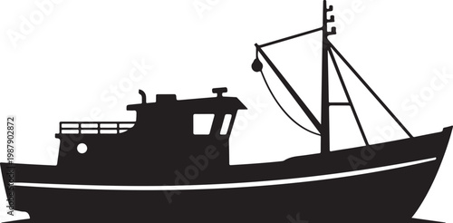 Fishing boat silhouette, black boat icon, nautical vector, marine symbol