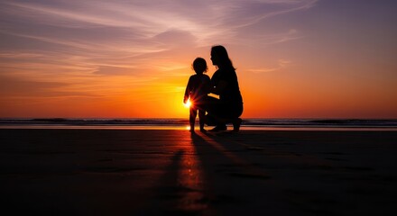 Silhouette of mother and child on beach at sunset mother's day background wallpaper poster banner download 2026 2027 3
