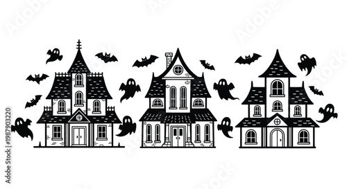 Three spooky houses with flying ghosts and bats in a halloween illustration