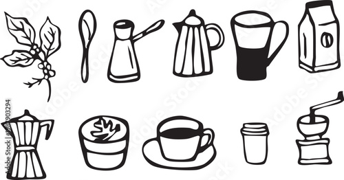 Coffee drink hand drawn collection. Sketch graphic elements for menu design. Vintage vector illustration. Various coffee drinks set. Coffee cups, beans and coffee makers illustration.