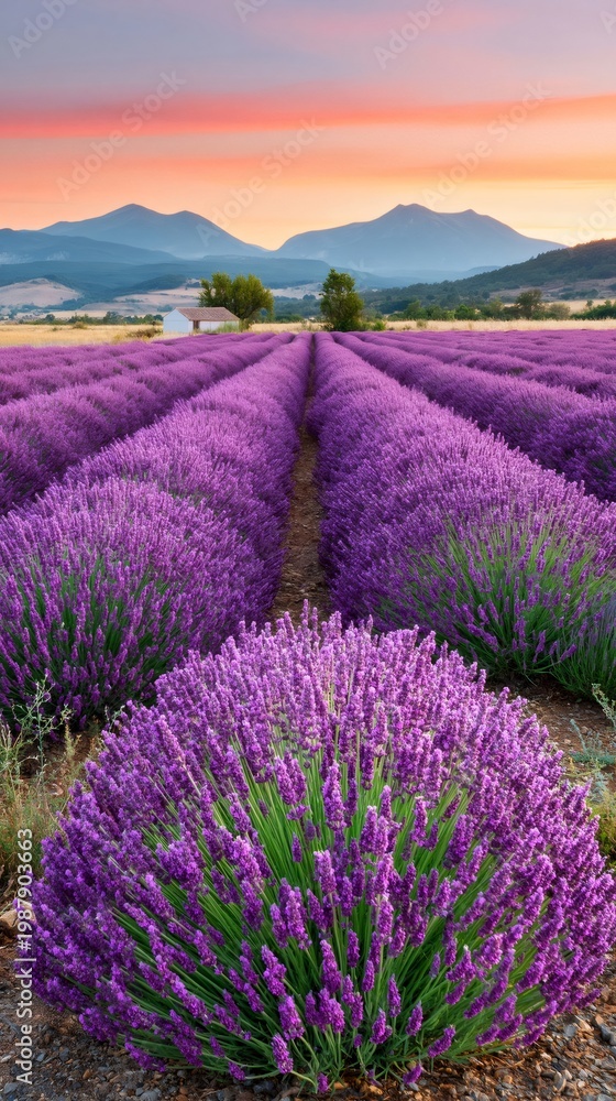 Fototapeta premium Lavender field rows blooming at sunset in provence