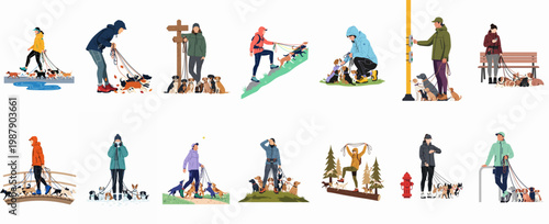 Set of flat illustrations featuring professional dog walkers and pet owners walking multiple dogs in various outdoor environments and seasonal weather conditions.