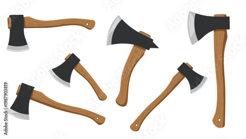 Set of various hand axes and hatchets with different blade shapes and wooden handles for camping and forestry design.