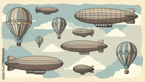 Collection of vintage airships, zeppelins, and hot air balloons flying through white clouds in a pale blue sky vector illustration.