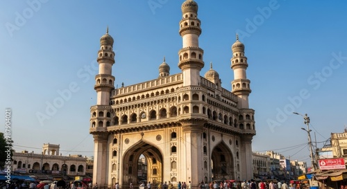 Charminar Monument in Hyderabad, India, Under Blue Sky.