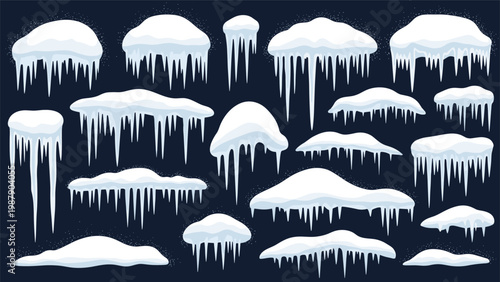 Large set of winter ice elements with white snow caps and hanging icicles of various shapes isolated on dark blue background.