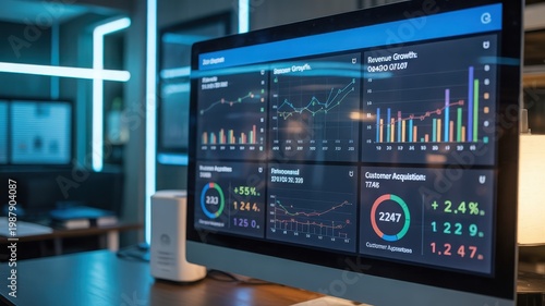Business analytics on a computer monitor in a modern office setting with graphs and charts