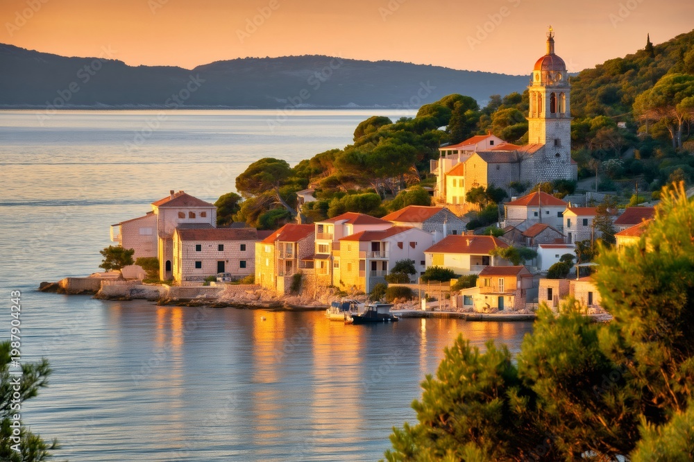 Naklejka premium Sudurad coastal village with church tower at sunset