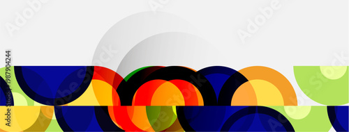 Abstract composition featuring overlapping colorful circles, creating dynamic visual rhythm. White space dominates upper portion.