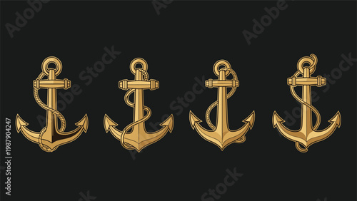 Set of four golden vintage marine anchors with thick ropes coiled around them in a classic nautical illustration style.