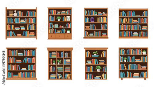 Multiple wooden bookshelves filled with various colorful books decorative plants and small vases on a white background.