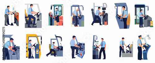 Set of Professional Bus and Train Driver Vector Illustrations Operating Vehicle Controls