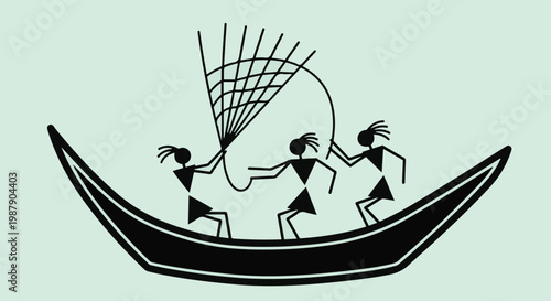 Warli tribal art vector of fishermen in a boat, traditional Indian folk painting style, ethnic fishing scene with stick figures and net isolated PNG with Transparent Background