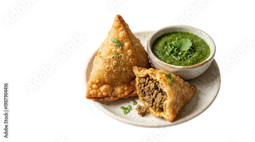 Crispy samosas with cilantro chutney