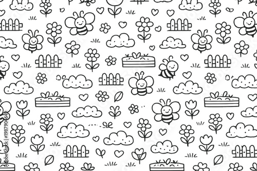 Cute bee seamless pattern, doodle insect background, hand drawn flowers bees, kids nursery design, black white outline pattern, cartoon bee illustration, repeating garden pattern, playful nature 