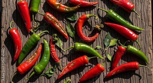 Red and green chili peppers.