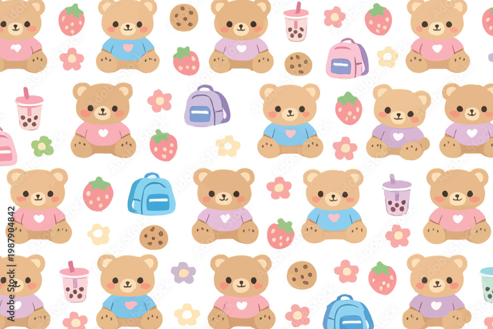 Fototapeta premium Seamless cute teddy bear pattern, kawaii bear background, kids nursery design, cartoon animal illustration, playful pastel pattern, decorative textile print, sweet character design, children wallpaper
