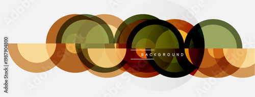 Abstract design features overlapping circles, warm colors, simple shapes. Background is white, creating modern visual effect.