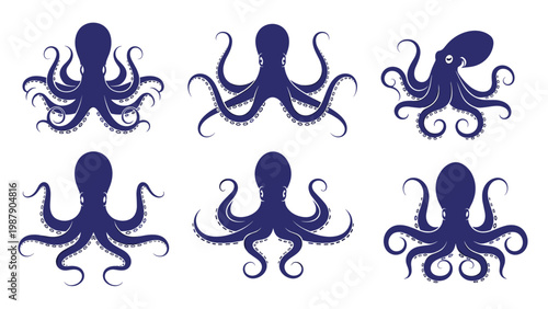 Collection of six dark blue octopus silhouettes in various swimming and resting poses on a plain white background.