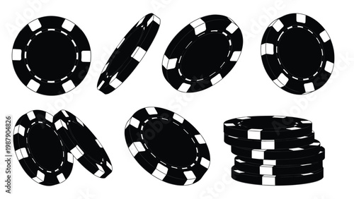 Set of black and white casino poker chips in various angles and a stacked pile isolated on a clean white background.
