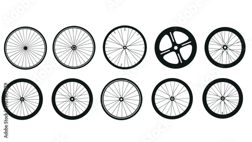 Collection of different bicycle wheel designs with various spoke patterns and tire widths in a black line art style.
