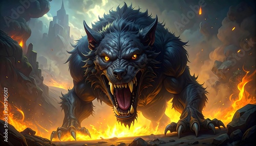 A fierce wolf-like creature with glowing eyes and bared teeth advances menacingly from a fiery, desolate landscape. Dark fur