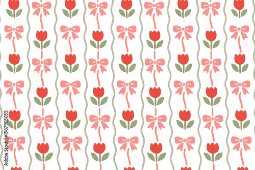 Obraz na płótnie Seamless tulip bow stripe pattern, floral vertical design, cute flowers backgrou
