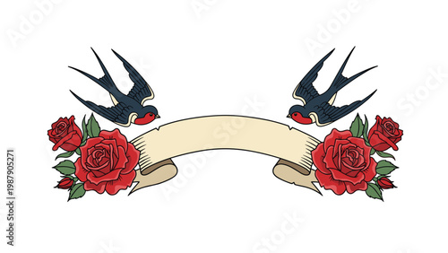 Traditional tattoo style illustration with a blank banner framed by two swallow birds and red roses on a white background.