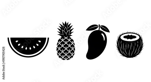 Fresh Fruit Icons Black Silhouettes.