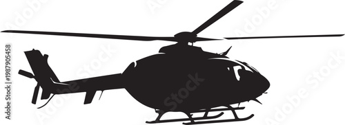Black helicopter silhouette, aircraft icon, vector illustration, transportation symbol