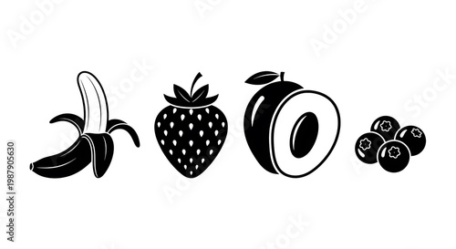 Black and white fruit icons.