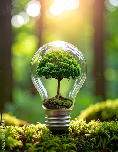 A vibrant tree thrives within a light bulb, resting on moss. Sunlight filters through the lush green foliage and blurred forest background