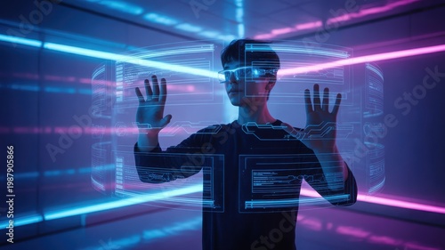 Man wearing virtual reality headset and interacting with digital interface in futuristic room with neon lights