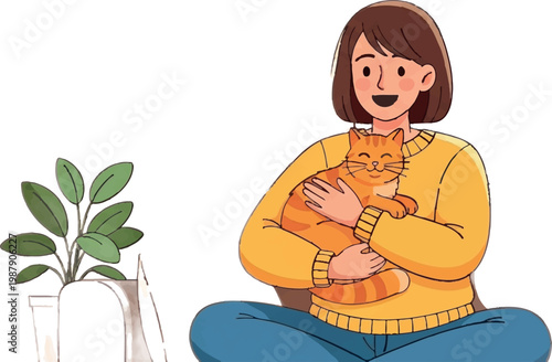 Woman holding orange cat, sitting with plant, cute cartoon pet owner, yellow sweater