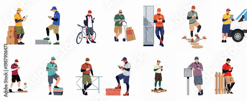 Set of flat vector illustrations featuring diverse delivery workers in various uniforms using smartphones and equipment for logistics, shipping, and courier services.