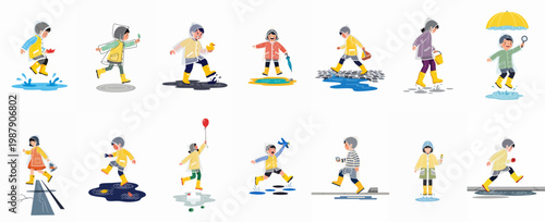 Collection of children playing in the rain, wearing colorful raincoats and rubber boots, jumping in puddles, flat vector illustration.