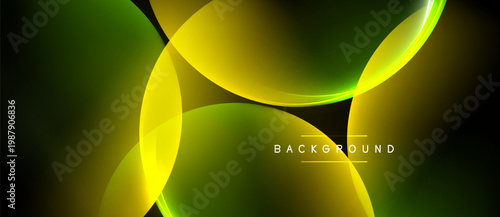 Abstract design features overlapping yellow, green curves. Dark background emphasizes glowing shapes, creating dynamic visual effect.