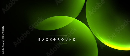 Abstract green shapes overlap dark background. Modern design, smooth gradients create dynamic visual effect. Minimalist aesthetic.