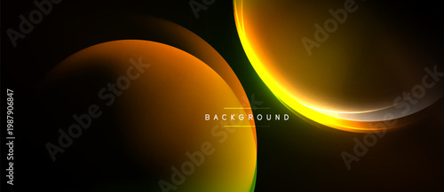 Abstract design features overlapping orange, yellow gradients. Dark background enhances luminous curves, creating modern visual impact.