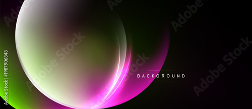 Abstract design features vibrant curves, gradients. Colors blend from green, pink, purple against black backdrop. Modern, dynamic visual.