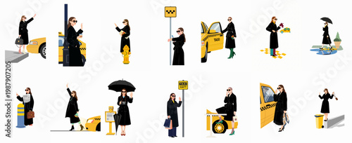 Collection of flat illustrations featuring a stylish woman in a black trench coat hailing and using yellow taxi cabs in various urban settings.