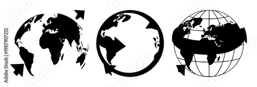 Outsourcing globe arrows set with solid black icon on white background featuring globe, arrows, international with outsourcing and network