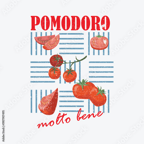 Retro Italian tomato graphic with blue stripes for streetwear. Vintage vegetable illustration for apparel prints, stickers, and posters. Distressed organic food design for kitchen decor.